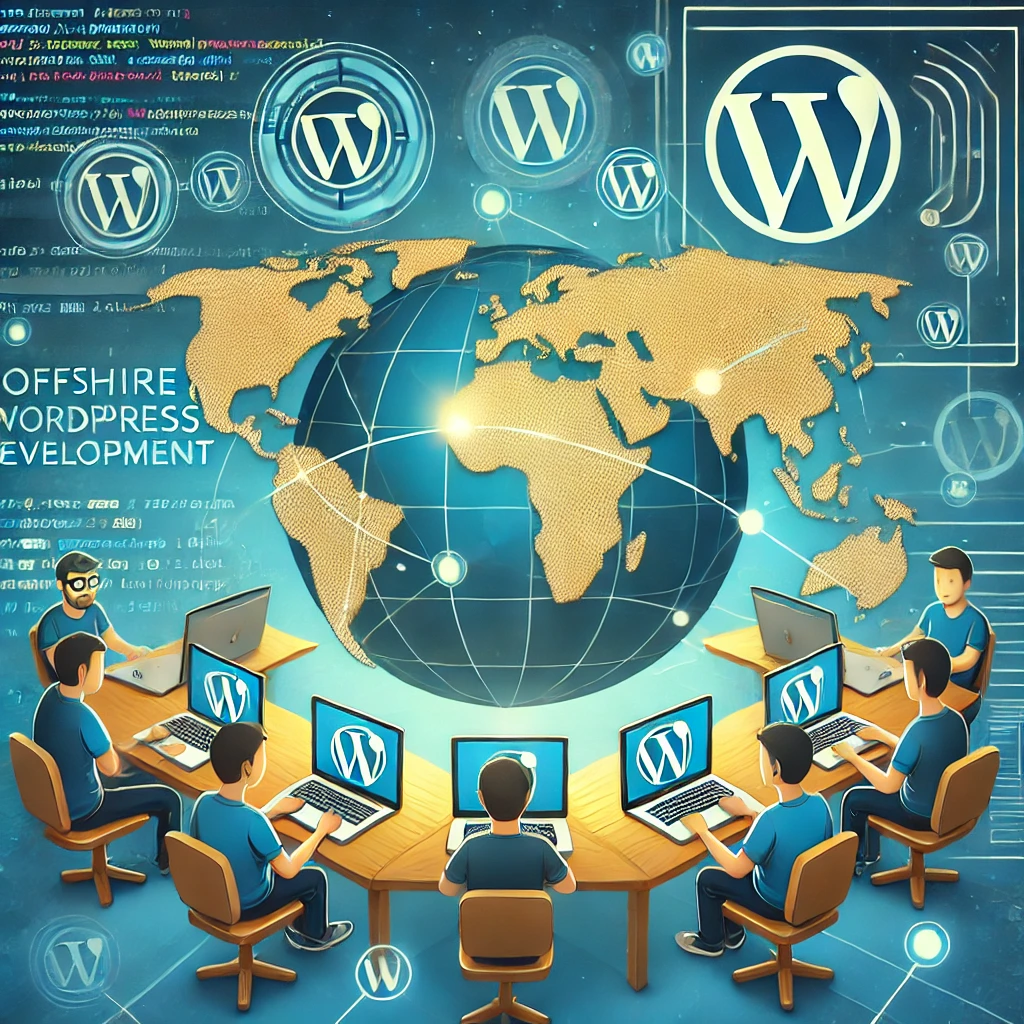 A moderoffshore WordPress development featuring a world map with connected lines indicating global collaboration. The image shows de